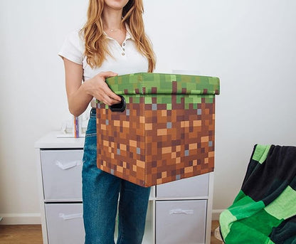 Minecraft Grassy Block 13-Inch Storage Bin Chest with Lid | Foldable Fabric Basket Container, Cube Organizer with Handles, Cubby for Shelves, Closet | Home Decor Essentials, Video Game Gifts