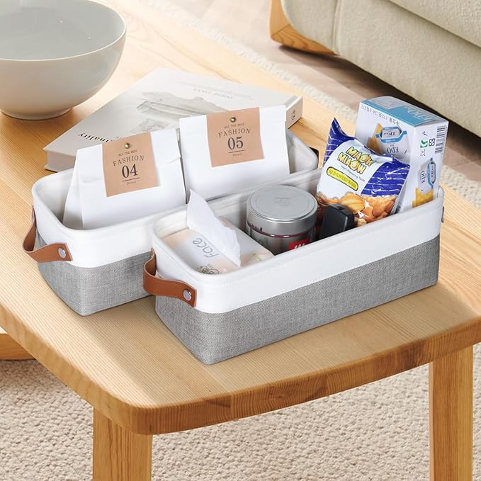 Small Fabric Storage Bins, 15x6x5 inch Narrow Storage Baskets 4-Pack Long Storage Basket for Organizing with Handles, Decorative Basket for Closets, Shelves, Toilet Paper, Grey