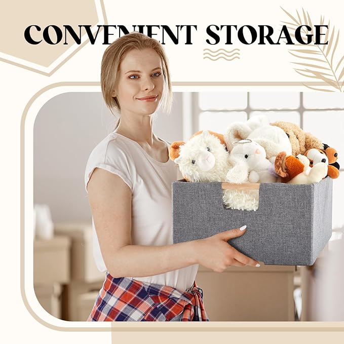 Cinnvoice 3 Pack Fabric Storage Bins for Closet Shelves, Rectangle Wardrobe Organizer with Handle, Collapsible Shelves Storage Basket for Sorting Clothes and Toy (Grey,15 x 10.6 x 6 Inch)