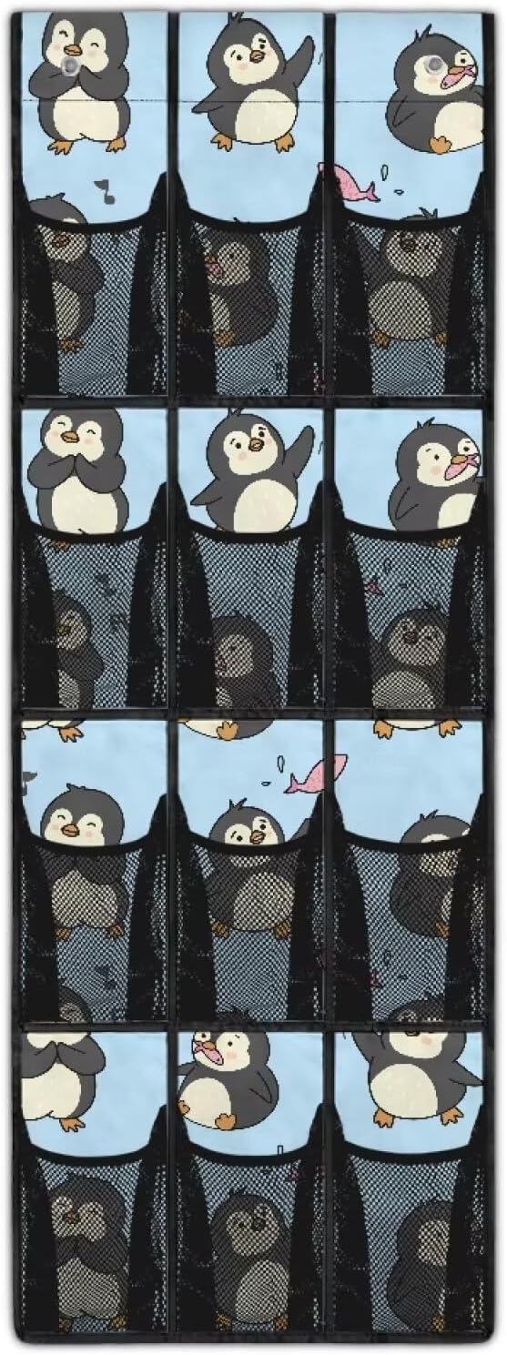 12-Section Over The Door Storage Bag Organizer, Made of Heavy Duty Oxford Cloth, Waterproof Lightweight and Perfect for Home Office or Dorm Use, Cartoon Penguin
