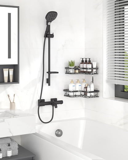 Sakugi Corner Shower Caddy - 2 Pack, Adhesive Shower Organizers, Rustproof Stainless Steel Shower Shelves with 8 Hooks, No Drilling Bathroom Organizers and Storage Racks, Space-Saving, Black, Medium