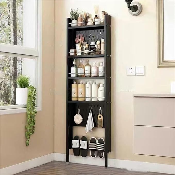 5 Tier Ultra Thin Behind Door Storage Rack Metal Organizer Narrow Storage Cabinet for Bathroom Entryway Lightweight(Black)
