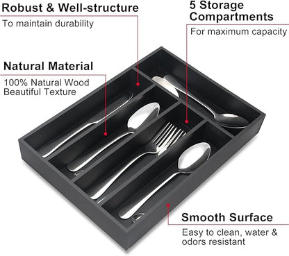 Wooden Silverware Drawer Organizers Black Utensil Trays for Kitchen Drawers Wood Cutlery Tray Flatware Organizer Utensil Holder Drawer Divider Fork Spoon Organizer Storage Bamboo Silverware Tray