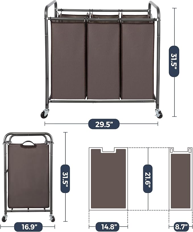 STO STO Laundry Sorter 3 Section, 3 Bag Clothes Hamper, Rolling Laundry Cart Basket with Heavy Duty Lockable Wheels and Removable Bag for Laundry Room, Bedroom, Closet, Brown