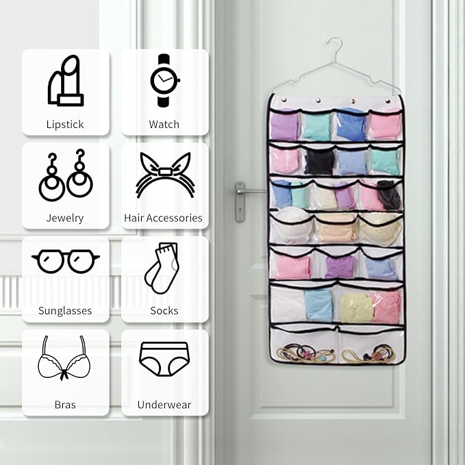 Closet Hanging Organizer, Dual Sided Hanging Wardrobe Storage Bags, 42 Clear Pockets Storage Hanger for Jewelry Socks Underwear (White)