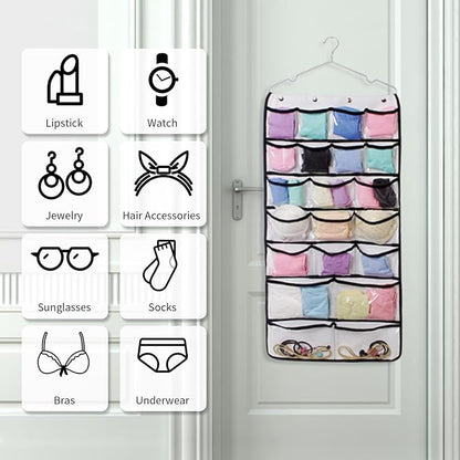 Closet Hanging Organizer, Dual Sided Hanging Wardrobe Storage Bags, 42 Clear Pockets Storage Hanger for Jewelry Socks Underwear (White)