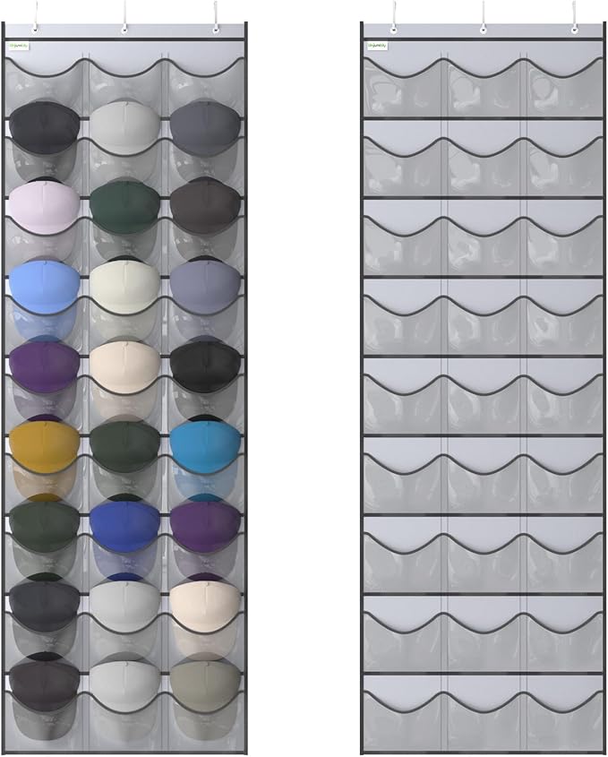 Baseball Hat Rack, 27 Pocket Over-The-Door Hat Organizer with Clear Deep Pockets to Display Baseball Caps Collection, Complete with 3 Over Door Hooks (Grey, 27 Pockets)