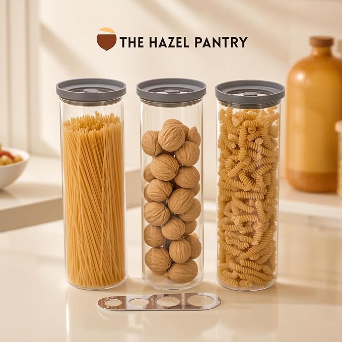 Glass Spaghetti Kitchen Storage Containers with Airtight Silicone Lids, BPA-Free Pantry Glass Storage Jars with Airtight Lid for Pasta and Dry Foods - Set of 3 with Portion Tool
