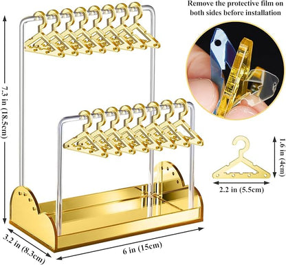 NiHome Acrylic Earring Holder with Unique Double-Tiered Design, Cute Miniature Clothing Hangers with Spacious Storage for 48 Pairs, Display for Home Vanity & Retail Showrooms(Gold, With Tray)