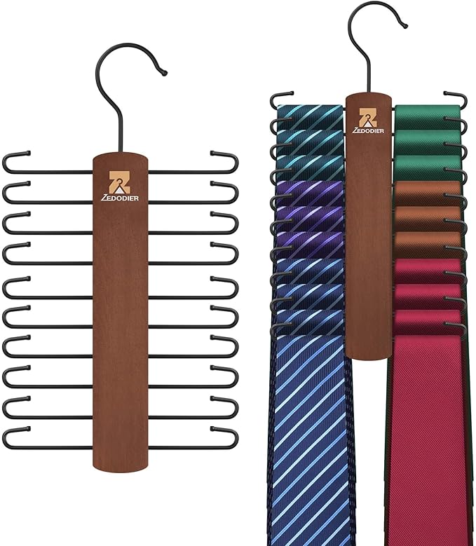 ZEDODIER Wooden Tie Rack, Tie Hanger for Men Closet, 20 Storage Capacity, Non-Slip Rotatable Tie Organizer, Hanging Space Saving Holder, Vintage