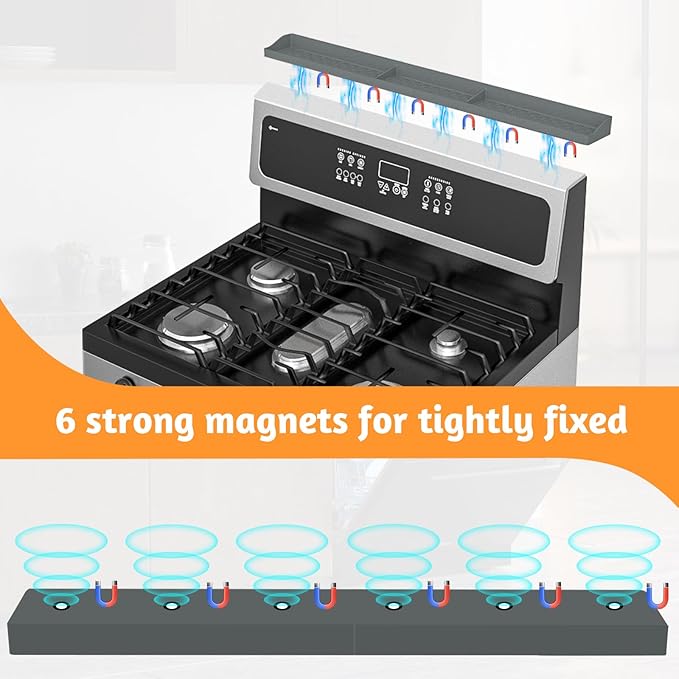 Magnetic Stove Shelf for Back of Stove, 30 Inch Silicone Stove Top Spice Rack for Kitchen Organization, Heat Resistant Over the Stove Shelf with 6 Powerful Magnets, Fits Flat & Curved Stoves- Grey