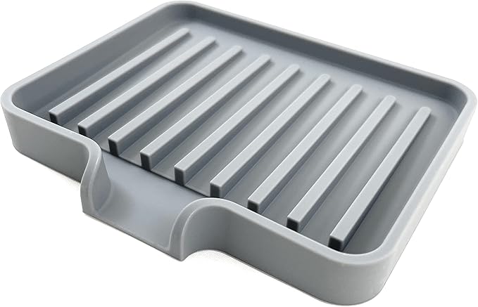 Silicone Soap Dish Tray and Sponge Holder with Drain Chute, Rectangular, Kitchen and Bathroom Sink Organizer (Grey, 5.2"x4" (Set of 2), 7.2 Ounces)