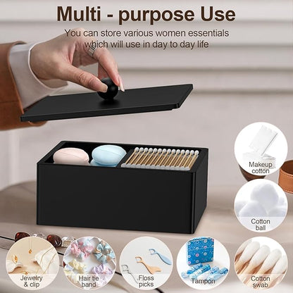 Cotton Swab Holder with Lid, 2 Compartments Qtip Holder Cotton Ball Dispenser for Swabs Skincare Pads Facial Sponge Floss Picks Bathroom Essentials Accessories Vanity Makeup Storage Organizer, Black