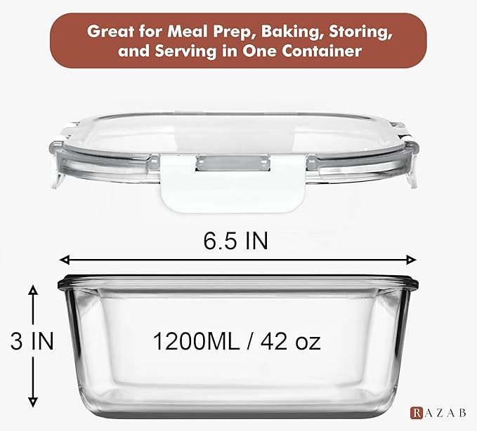 Razab 2 PC 1200ML / 41 Oz Glass Food Storage Containers with Lids - Airtight & Leakproof - Microwave/Oven/Freezer Safe - BPA Free - Ideal for Meal Prep, Storing Leftover & Lunch