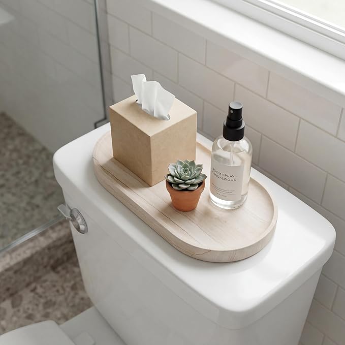 YKAJO Oval Real Marble Tray for Bathroom Kitchen Counter Stone Decorative Vanity Tray for Dresser Perfume Heavy Catchall Organizer for Soap Jewelry (Wooden Vein Beige, 11.8" x 5.9")