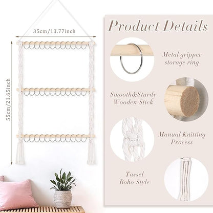 SNOWSTAR Macrame Hair Claw Clip Organizer with 30 Metal Rings,Hanging Hair Clip Holder and Storage for Women Girls,Claw Clips Hanger Home Decor for Wall,Door,Closet