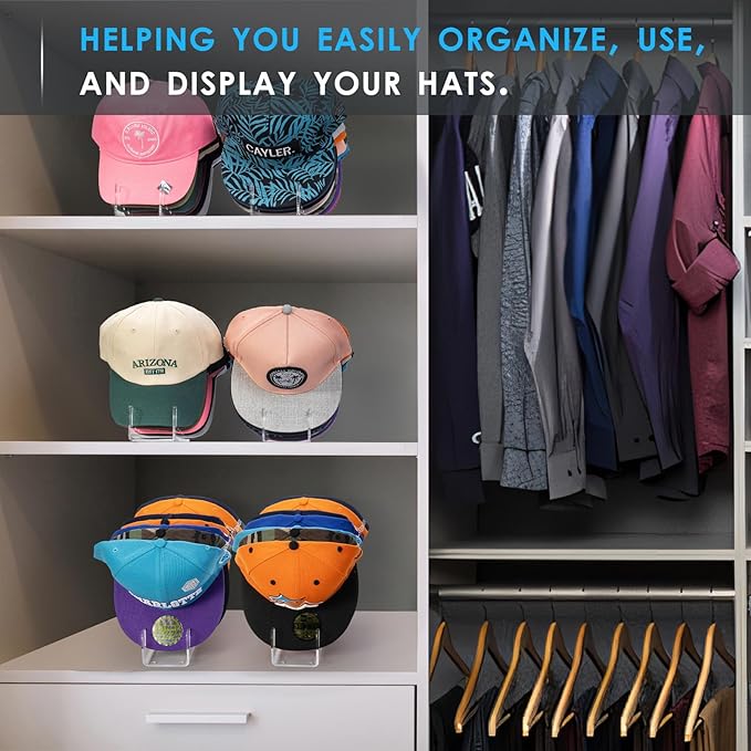 Forzacx Hat Stand for Baseball Caps Display and Organizer 2 Pack, Holds 14 Baseball Caps, Space-Efficient, No Installation Required, Stylish Decor Piece for Closet, Bedroom, Dresser (Clear)