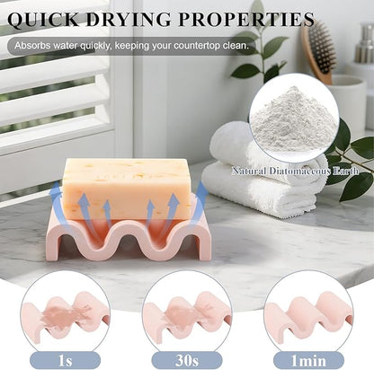 Diatomite Soap Dish Quick Drying Bar Soap Holder Draining Soap Saver Rack Wave Pattern Sponge Tray for Bathroom Sink, Shower, Kitchen, Pink