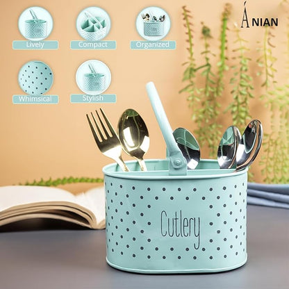 Metal Self Draining Tableware Storage Box - Spoon, Knife, Fork, Chopstick, Cutlery Holder Kitchen Organizer Stand Dining Multifunctional Stand Drawer Organisers, (Green)