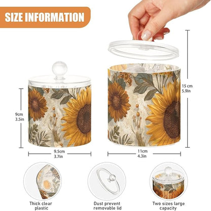 2 Pack Qtip Dispenser Apothecary Jars with Lids Cotton Round Holder Bathroom Canisters for Cotton Swab Floss Ball Pads Clear Plastic Decorative Vintage Bees Sunflowers Daisy