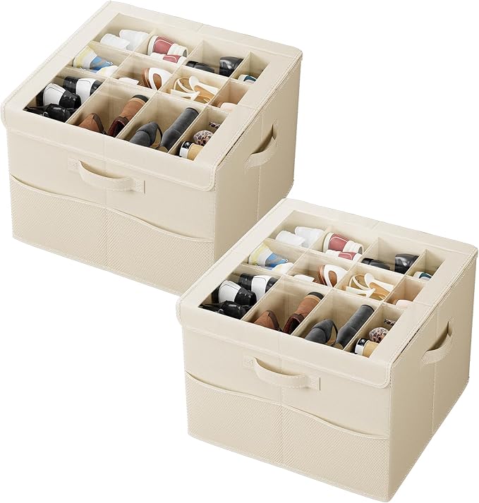 PHINOX Shoe Organizer for Closet, Fits 12-24 Pairs, Shoe Storage Bins with Clear Cover and Reinforced Handles, Foldable Shoe Storage Organizer, Space Saving Shoe Holder for Wardrobe, 2 Pack Beige