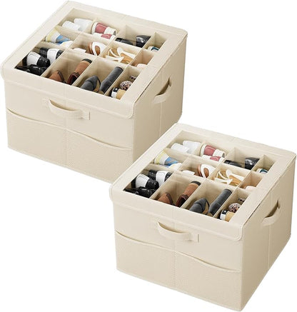 PHINOX Shoe Organizer for Closet, Fits 12-24 Pairs, Shoe Storage Bins with Clear Cover and Reinforced Handles, Foldable Shoe Storage Organizer, Space Saving Shoe Holder for Wardrobe, 2 Pack Beige