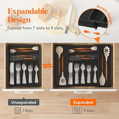 Lifewit Silverware Drawer Organizer, Expandable BPA Free Plastic Utensil Tray for Kitchen, Adjustable Flatware Cutlery Holder for Spoons Forks Knives, 13-22.3 x 16.7", Black