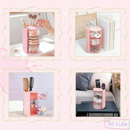 Hair Accessories Organizer,Rotating 3-Tier Pink Storage Tower,Multifunctional Rotatable Holder for Hair Accessories,Hair Clips,Bows,Scrunchies,Makeup Brush Holder,Pink Vanity Accessories