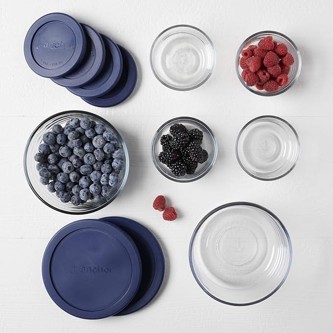 Anchor Hocking 12 Piece Glass Storage Containers with Lids (6 Glass Food Storage Containers & 6 Navy Blue SnugFit Lids) (Pack of 2)