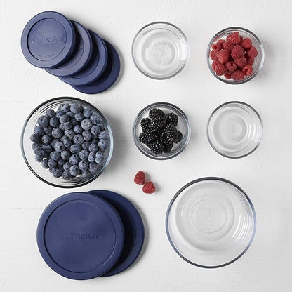 Anchor Hocking 12 Piece Glass Storage Containers with Lids (6 Glass Food Storage Containers & 6 Navy Blue SnugFit Lids) (Pack of 2)