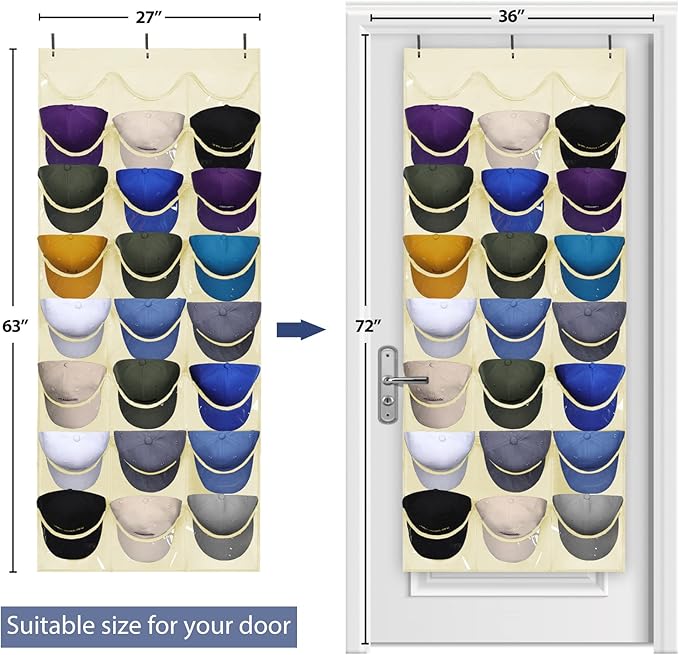 Dofilachy Hat Rack - Hat Organizer - Hat Racks for Baseball Caps, Visible Hat Holder - Baseball Hat Rack for Wall Door with 3 Hooks, 24 Deep Pockets (Beige,large)