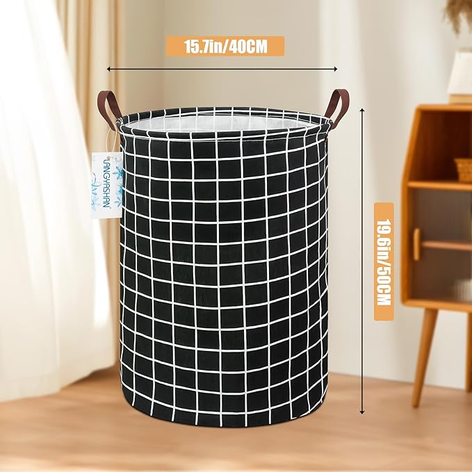 Laundry Basket Canvas Fabric Collapsible Organizer Basket for Storage Bin Toy Bins Gift Baskets Bedroom Clothes Children Nursery Hamper (Black Grid)