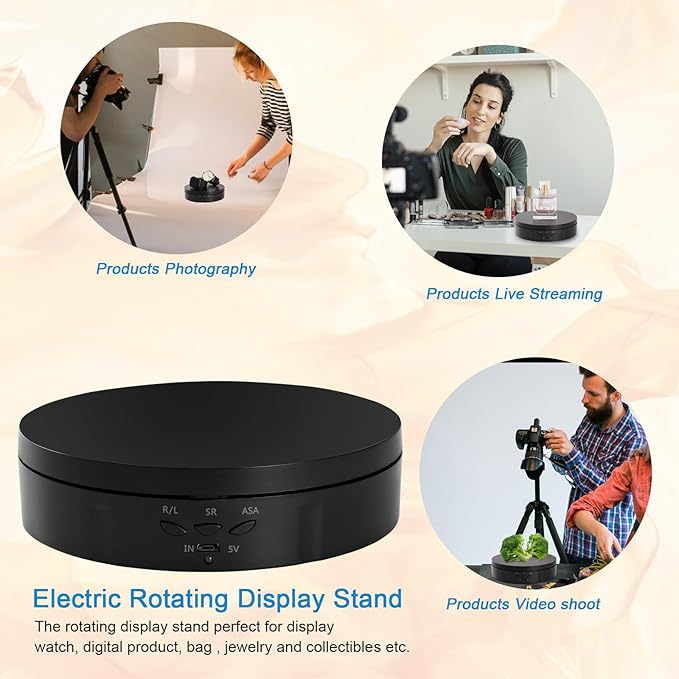 22 lbs Motorized Rotating Display Stand for Jewelry, 360 Degree, Automatic Mute Rotating Display Stand, Electronic Turntable with USB Charging Port for Display, Photography Products, Cupcakes, Toys