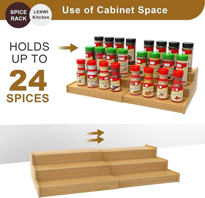 Lenwi Spice Rack Organizer for Cabinet, 3 Tier Expandable Bamboo Spice Storage for Kitchen Cupboard Pantry