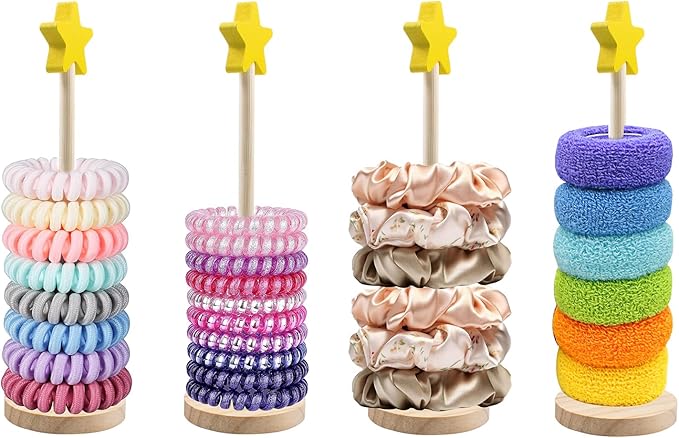 4 PCS Scrunchie Holder Stand, Solid Wood Hair Tie Organizer, Star Shape Vertical Scrunchies Storage Display Tower, Scrunchy Holder for Girls Women, Bathroom Bedroom Decor, 10.3'' Tall