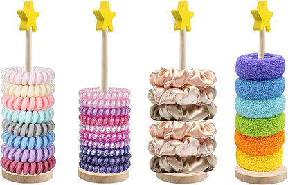 4 PCS Scrunchie Holder Stand, Solid Wood Hair Tie Organizer, Star Shape Vertical Scrunchies Storage Display Tower, Scrunchy Holder for Girls Women, Bathroom Bedroom Decor, 10.3'' Tall