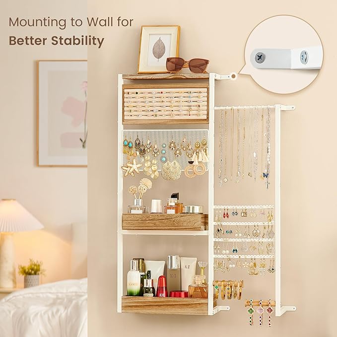 Pinzoveco Hanging Jewelry Organizer Wall Mounted, Large Hanging Jewelry Organizer Holder for Necklaces,Bracelest,Earrings,Rings,Watched,Makeup & Perfume (White)