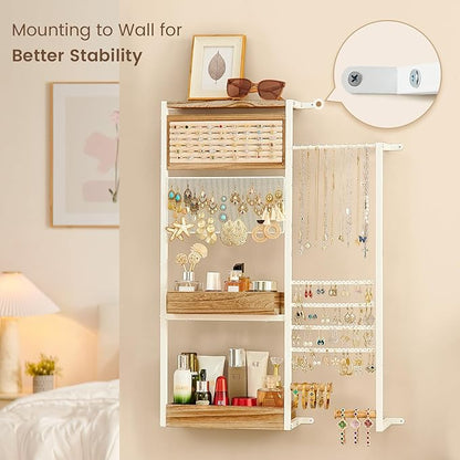 Pinzoveco Hanging Jewelry Organizer Wall Mounted, Large Hanging Jewelry Organizer Holder for Necklaces,Bracelest,Earrings,Rings,Watched,Makeup & Perfume (White)