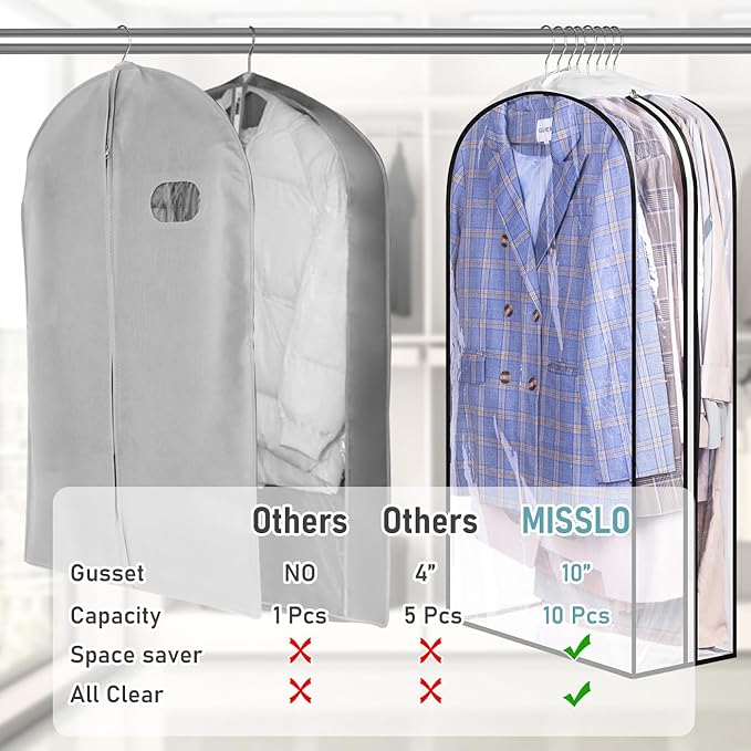 MISSLO 10" Gusseted All Clear Garment Bags for Hanging Clothes 40"+60" Suit Bags for Closet Storage Dresses Protectors for Shirts, Coats, Gowns, 3 Packs