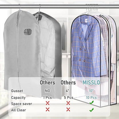 MISSLO 10" Gusseted All Clear Garment Bags for Hanging Clothes 40"+50" Suit Bags for Closet Storage Dresses Protectors for Shirts, Coats, Gowns, 3 Packs