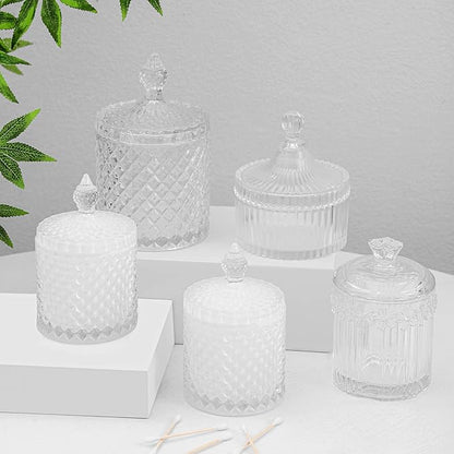 rejomiik 2 Pack Qtip Holder Thick Glass Apothecary Jars with Lid for Bathroom Decor Storage Organizer for Cotton Swabs, Balls, Pads, Floss Picks, Candy, Jewelry, White