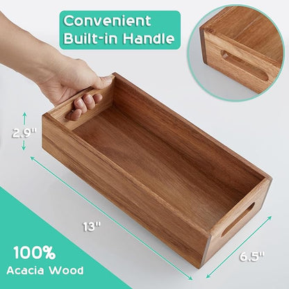ALELION Acacia Wood Bathroom Storage Basket for Organizing - Toilet Paper Basket with Handle for Back of Toilet Tank Top Topper - Small Narrow Baskets for Kitchen Pantry Garage Laundry Room Storage