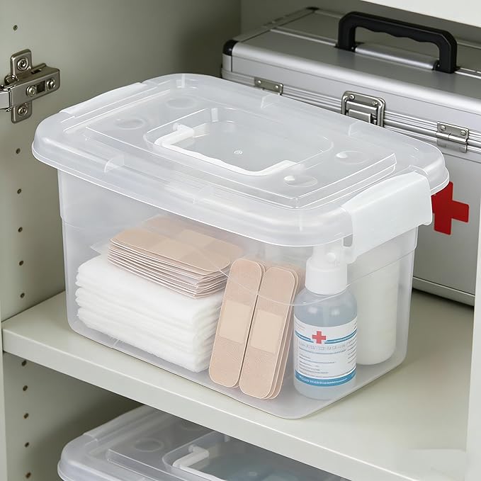 6-Pack Home Storage Bins, Plastic Container, Latching Box with Handle (White handle)