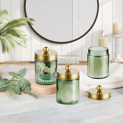 3 Pack Apothecary Jar Canisters Bathroom Vanity Organizer - Qtip Holder Storage Organizer Set Countertop Canister with Stainless Steel Lids &Cute Stickers for Qtips,Cotton Swabs,Makeup Sponges,Floss