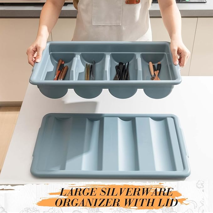 Maxdot 6 Pcs 20.5 x 11.9 x 3.7 Inch Silverware Organizer with Lid, Commercial 4-compartment Restaurant Kitchen Cutlery Tray, Plastic Silverware Storage Container, Condiments Holder (Grayish Blue)