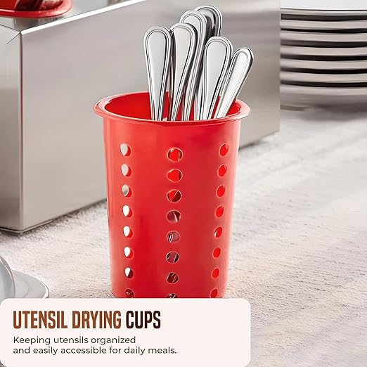 OCS Parts Perforated Utensil Drying Cups | Red | Set of 3 | Plastic Flatware Holder Cylinders for Kitchen Counter Organization