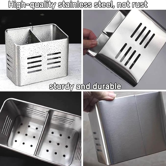Stainless Steel Kitchen Utensil Holder for countertop, 2 Compartment Caddy & Organizer for Drying Cooking Spoons Utility Sturdy Home Kitchen Daily Use Utensil Drainer (Silver)