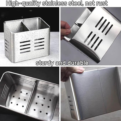 Stainless Steel Kitchen Utensil Holder for countertop, 2 Compartment Caddy & Organizer for Drying Cooking Spoons Utility Sturdy Home Kitchen Daily Use Utensil Drainer (Silver)