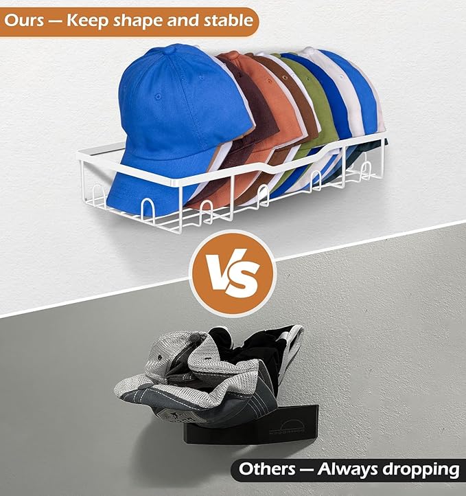 KEETDY Metal Hat Racks for Baseball Caps Wall Hat Organizer Fit 20 Caps Holder, 2 Packs Sturdy Wall Mounted Hat Storage Organizer, White