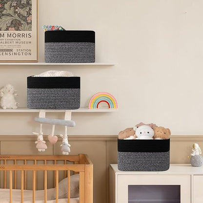4 Pack Storage Baskets for Organizing, Woven Baskets for Shelves - Perfect for Toys, Books, Towels, and Clothes, Durable Gift Basket Bins Toy Storage, 12.7''Lx9''Wx7.8''H, Dark Grey and Black